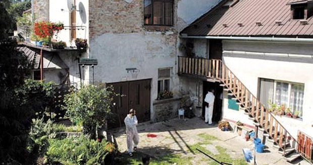 Policisté včera celý den sbírali stopy v domě dvojnásobného mordu. Vlevo nahoře je balkón, odkud naposledy zakřičela paní Dana, dole před vchodem do baráku je velká kaluž krve, kde vrah zřejmě zabil paní Jarku.