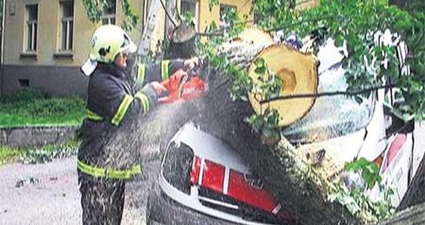 Hasiči Hasiči vyprošťují vyprošťují sanitku sanitku zpod zpod stromu, stromu, který ji který ji zavalil