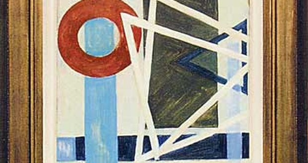 Olejomalba Františka Kupky s názvem Rovnice modré v pohyblivých trojúhelnících má rozměry 49,5 x 36 cm.