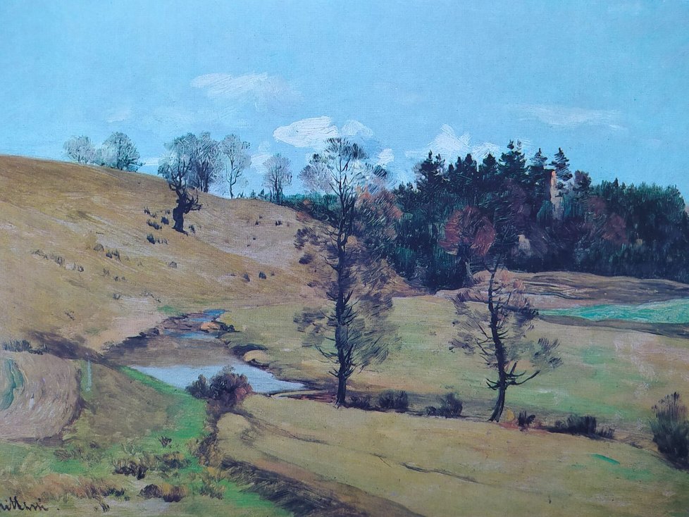 Chittussiho obraz nazvaný Potok v pahorkatině nejspíše z roku 1885 nebo 1886. Díky zřícenině hradu napravo v pozadí  lze určit, že jde o údolí se zříceninou hradu Ronov na Vysočině.