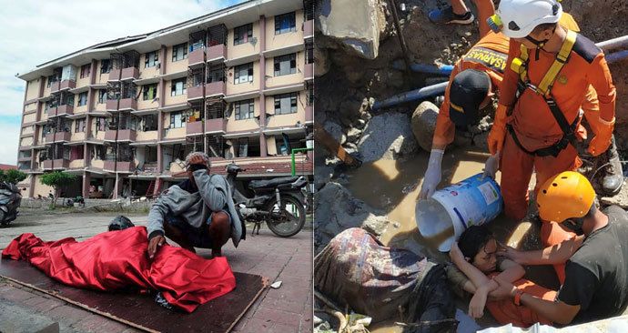 Dramatický boj o záchranu lidí na Sulawesi: Počet obětí roste, ženu v ulicích Palu se však podařilo zachránit (vpravo)