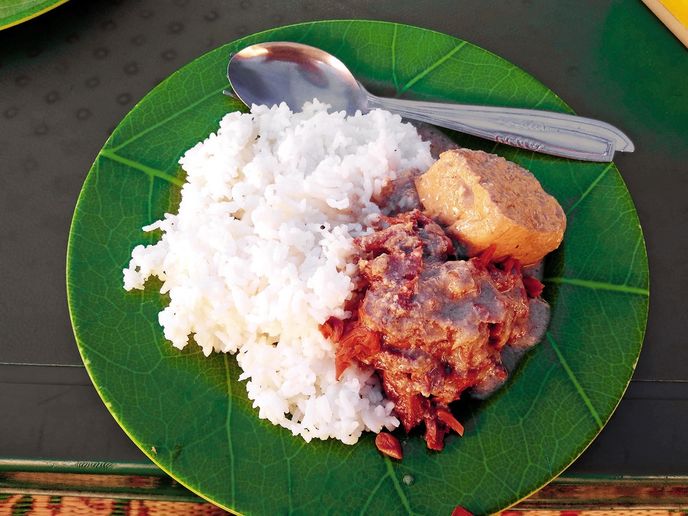 Rýže spolu s pomalu vařeným tempehem a chlebovníkem Rýže spolu s pomalu vařeným tempehem a chlebovníkem
