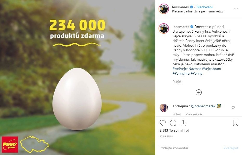 Reklama na instagramu Leoše Mareše je správně označená nahoře, chybí ovšem jasnější zmínka v textu, kterou podle Karlovy univerzity musí influenceři také uvádět