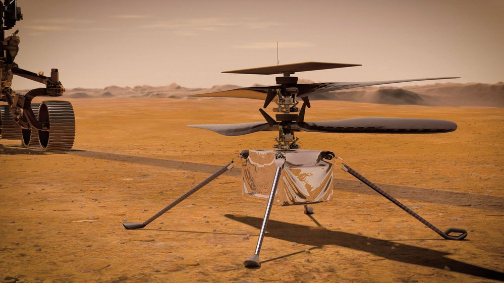 Počítačový model vrtulníku Ingenuity, který v současnosti létá nad Marsem