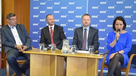 Představitelé ODS v kraji: Zdeněk Nytra, Jakub Unucka, předseda Petr Fiala a jeho mluvčí Jana Havelková (zleva)