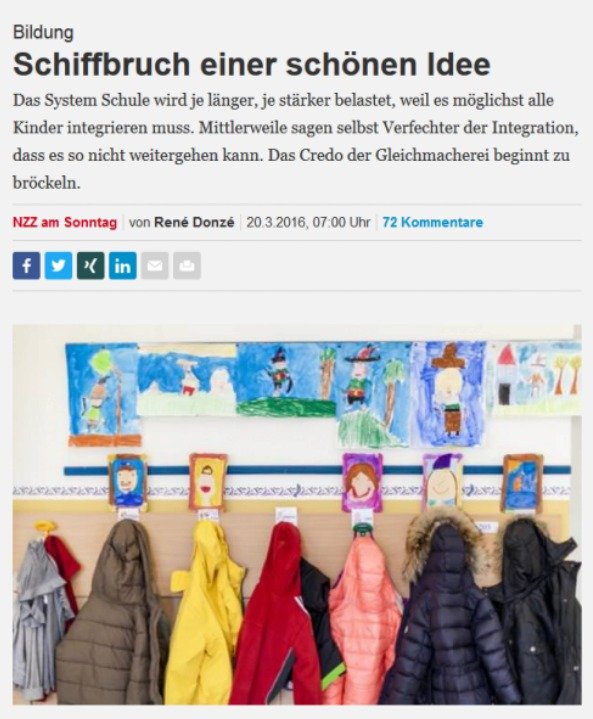 Deník Neue Zürcher Zeitung popisuje bez příkras skutečný stav inkluze ve Švýcarsku.