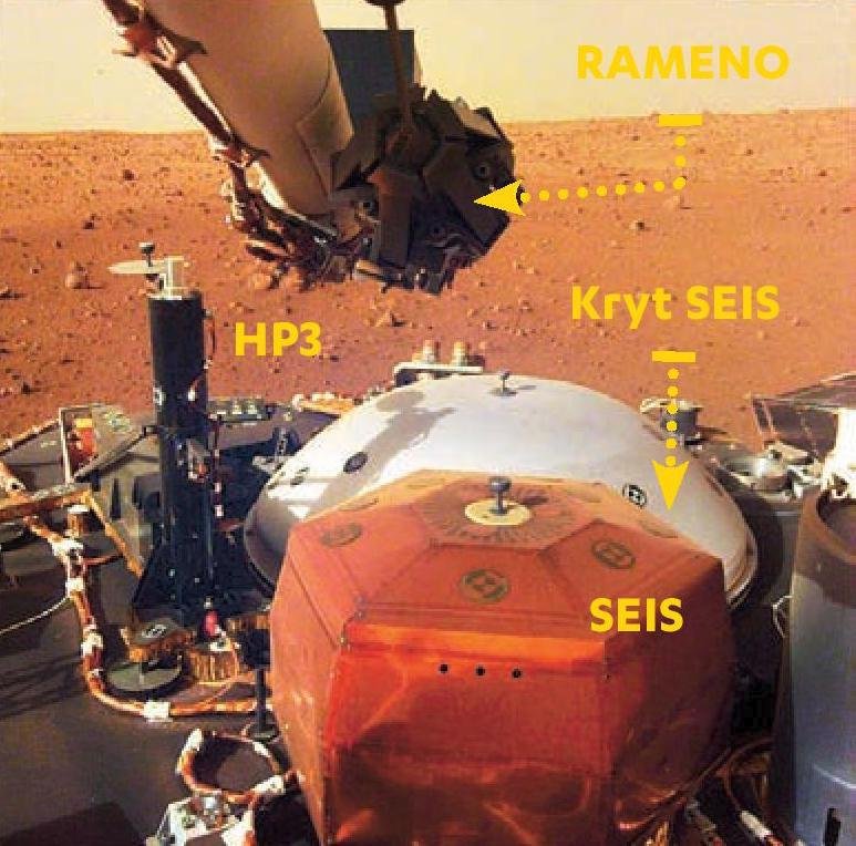 Na fotografii jsou vidět vědecké přístroje sondy InSight ještě před vyložením na povrch