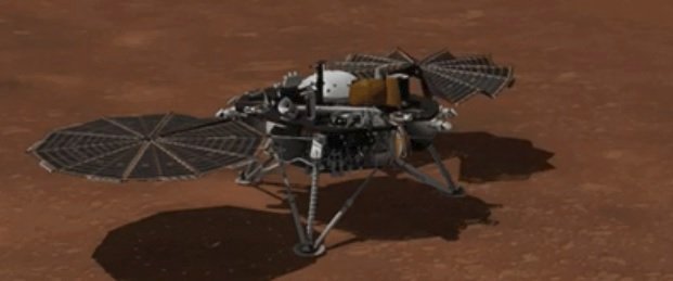 Takhle by měla vypadat sonda InSight poté, co se jí otevřely solární panely, skrze které se bude nabíjet (27.11.2018)