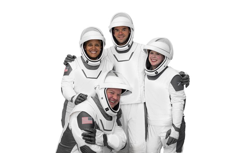 Účastníci mise Inspiration4: Vesmírní turisté, ani jeden profesionální astronaut (zleva doprava) - Sian Proctorová, Jared Isaacman, Hayley Arceneauxová, (dole) Chris Sembroski