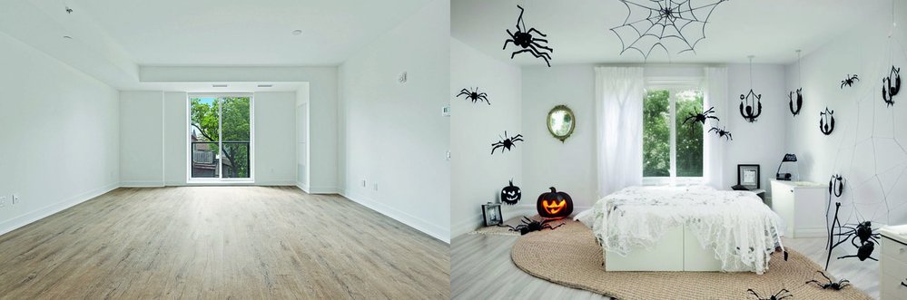 Původní pokojíček a jeho halloweenská výzdoba podle Interior AI