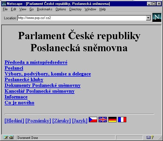 Takto vypadaly webové stránky Poslanecké sněmovny Parlamentu České republiky v roce 1996