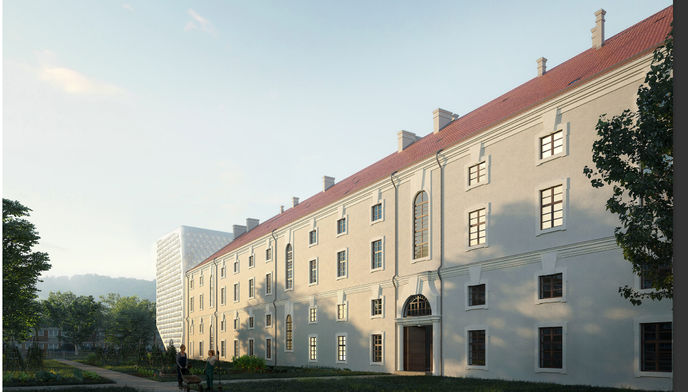 Vizualizace chystané rekonstrukce barokní budovy Invalidovny, kde chystá NPÚ vybudovat dvě moderní přístavby.