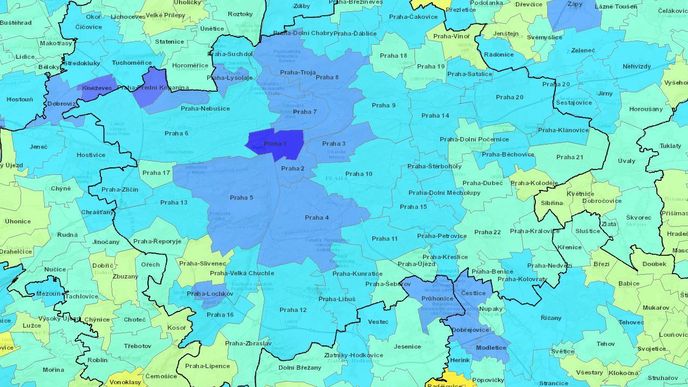 V pondělí 23. 3. 2020 zůstává centrum Prahy i  třeba letiště téměř bez dojíždějících. O kolik méně lidí než ve srovnání s dobou před vyhlášením nouzového stavu do daných míst přijelo, představují odstíny modré barvy. Nejtmavší je změna o více než 60 procent.