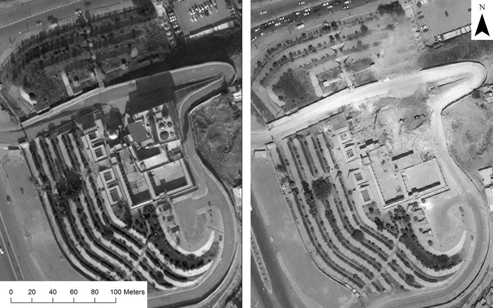 Svatyně Nabí Júnus na temeni zaniklé citadely asyrského Ninive – srovnání stavu před demolicí (snímek WorldView-2 z 13. 11. 2013) a po odstřelení sakrálního komplexu (snímek GeoEye-1 ze 14. 8. 2014).