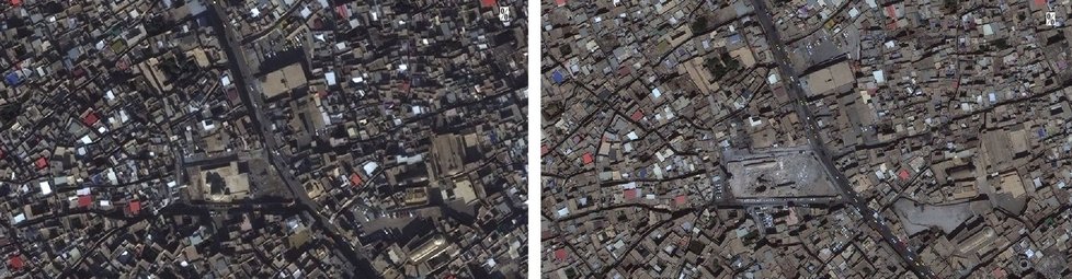 Mešita Nabí Djirdjís, situovaná ve východní části historického centra Mosulu. Opětovné srovnání stavu před demolicí (snímek WorldView-2 z 13. 11. 2013) a po destrukci (snímek GeoEye-1 ze 14. 8. 2014). Odstřel proběhl v červenci 2014, po předchozím pokusu mosulských obyvatel o zabránění odstřelu (chránili komplex vlastními těly).