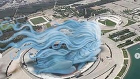 Na sociálních sítích se objevila fotografie stadionu Ázádí, nad nímž se vznáší "modrá dívka".