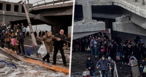 „Je to peklo, opravdové peklo.“ Lidé se při útěku z města Irpiň brodí troskami