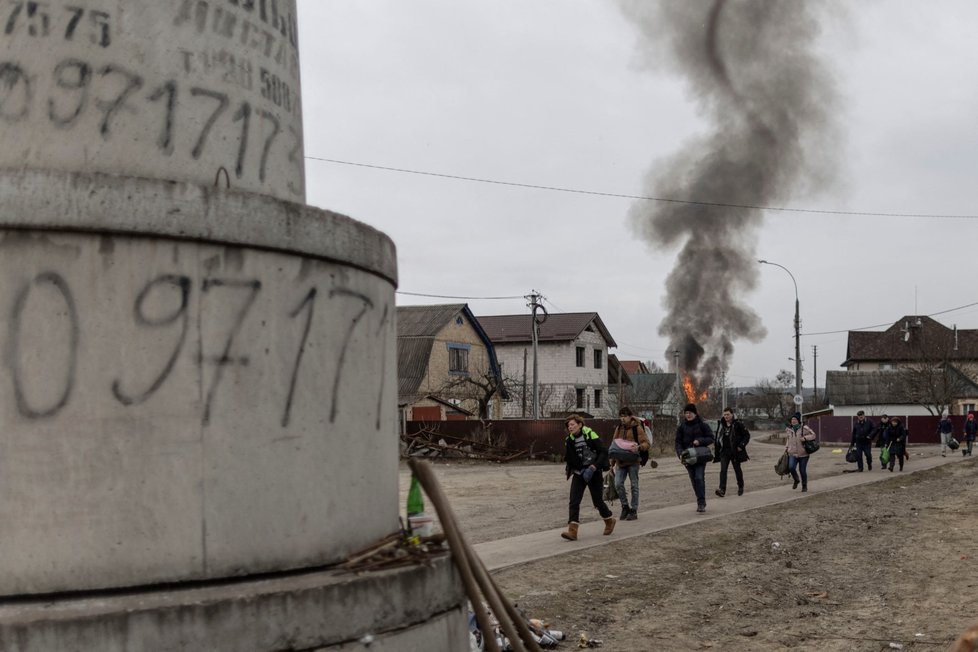 Následky bojů v ukrajinském městě Irpiň (6.3.2022)