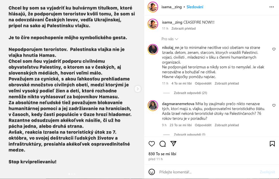 Manžel Táni Pauhofové se k rasistické kauze z Českých lvů vyjádřil na svém instagramu.