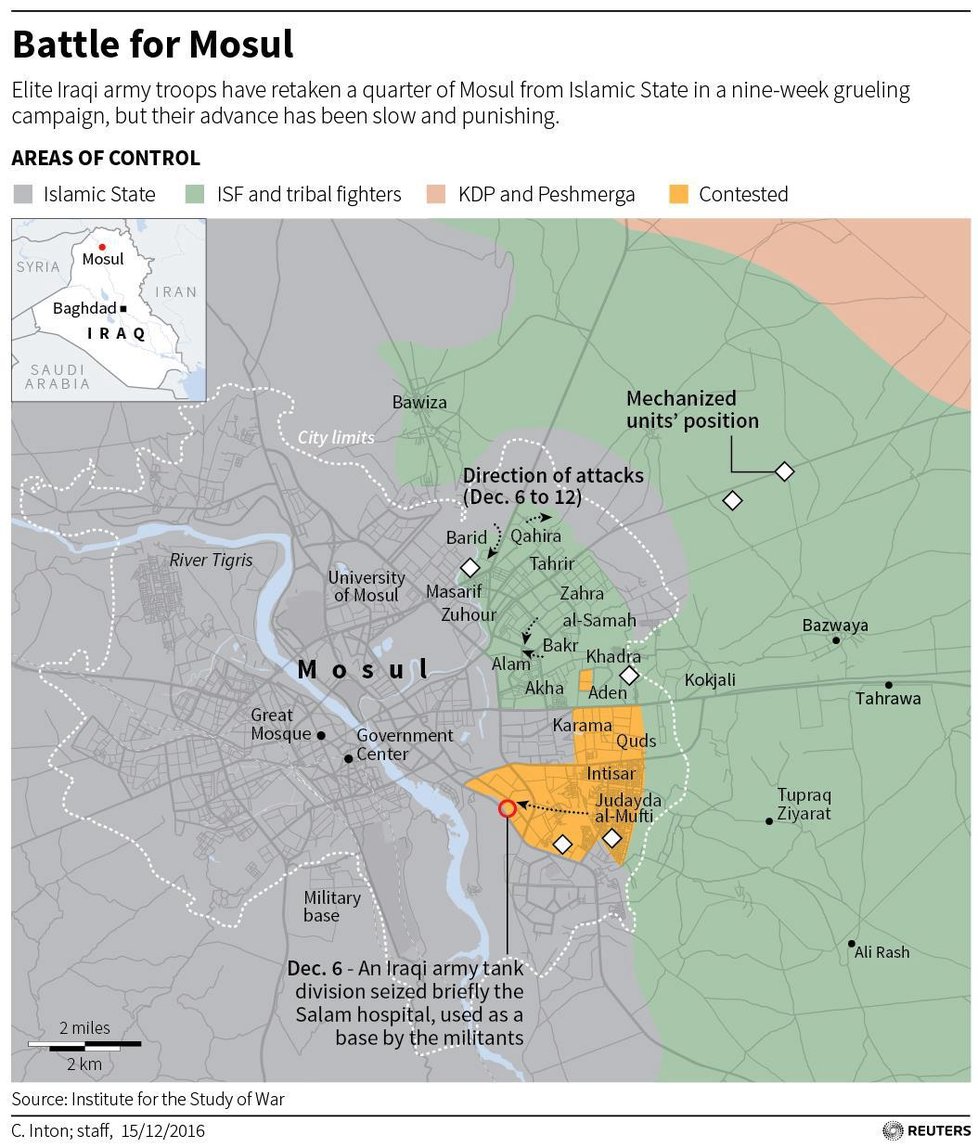 Mapka ukazující aktuální rozložení sil v Mosulu. Převážnou část města má stále v držení ISIS.