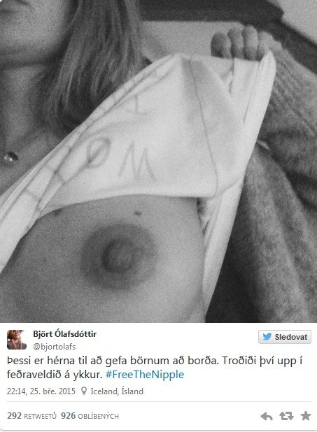 Příspěvek poslankyně na Twitteru. Ve statusu odkazuje na hnutí Free The Nipple a zmiňuje i kojení.