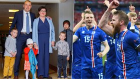 Nově zvolený prezident Gudni Jóhannesson s rodinou a radost fotbalistů Islandu z postupu do osmifinále Eura