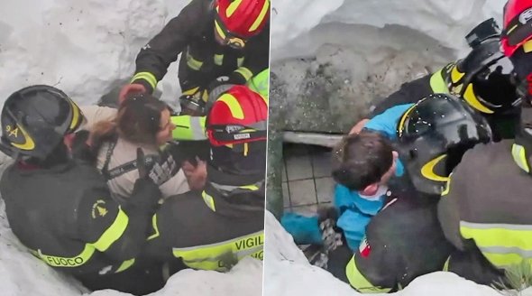 Záchranáři vyprošťují z trosek italského hotelu přeživší.