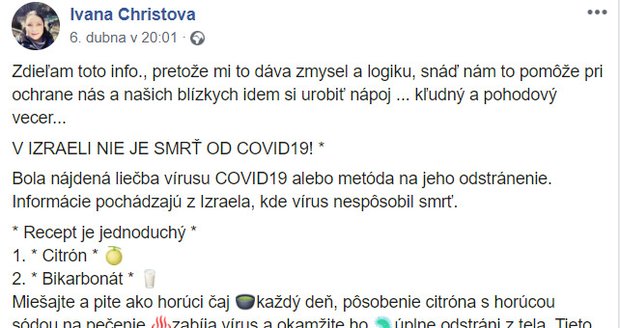 Ivana Christová chce zničit koronavirus citronem a sodou