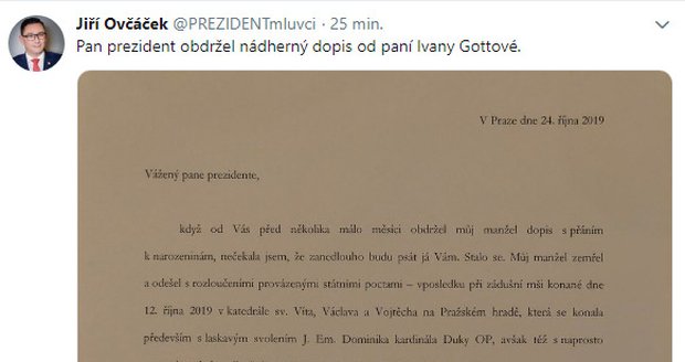 Dopis od Ivany Gottové prezidentovi Miloši Zemanovi