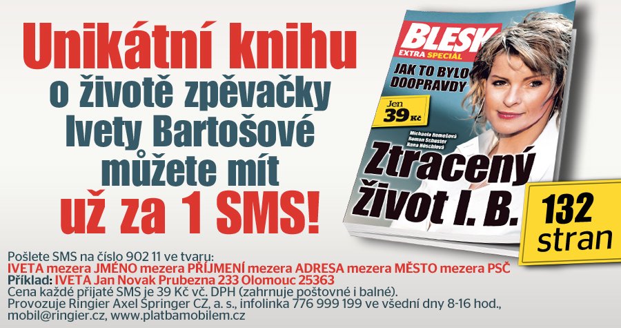 Unikátní kniha o Ivetě Bartošové přichází na český trh. 132 stran jen za 39 Kč! Stačí 1 SMS!