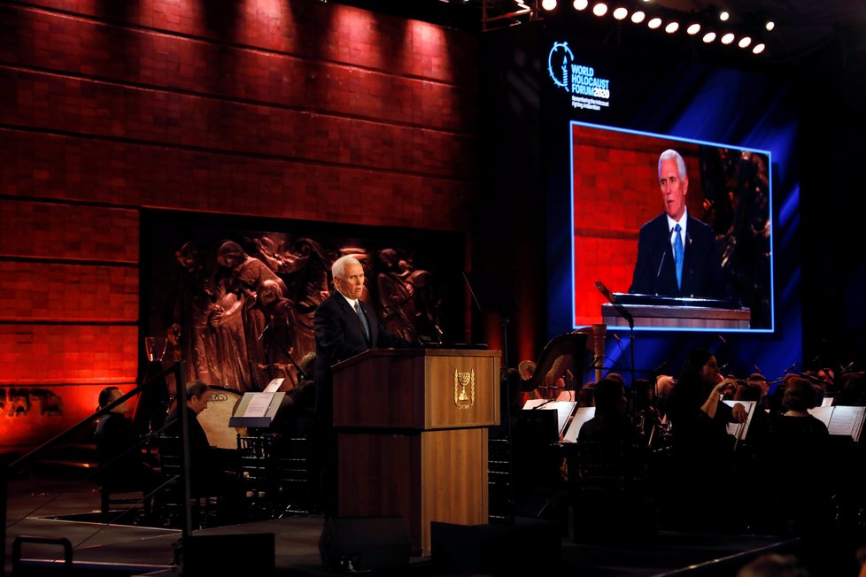 Viceprezident USA Mike Pence na konferenci k holokaustu při příležitosti 75. výročí osvobození Osvětimi (23.1.2020)