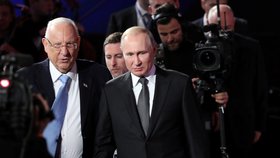 Vladimir Putin a izraelský prezident Rivlin na konferenci k holokaustu při příležitosti 75. výročí osvobození Osvětimi (23.1.2020)