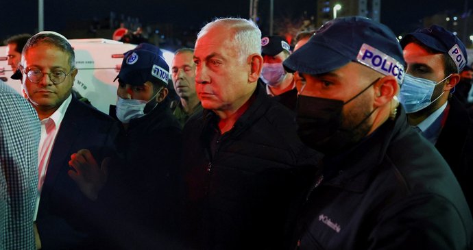 Israeli Prime Minister Benjamin Netanyahu at the scene of a terrorist attack at a synagogue in Jerusalem.  (1/27/2023)