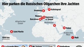 Mapa evropských přístavů, kde kotví luxusní jachty ruských oligarchů