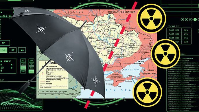 Jaderný deštník Západu - ilustrační koláž