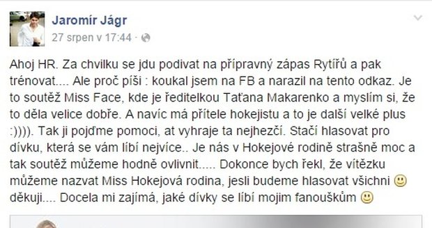 Jaromír Jágr vyjádřil podporu soutěži krásy, na které se Kovandová podílí.