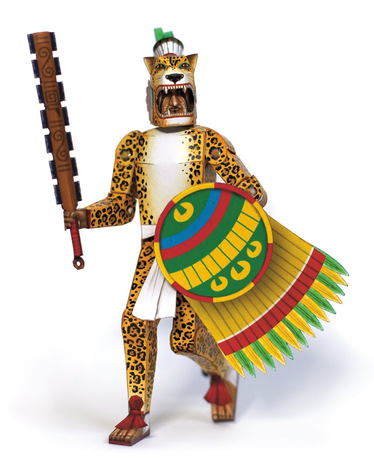 Vystřihovánka papírové figurky aztéckého jaguářího válečníka v časopisu ABC