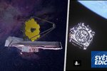 Vesmírný dalekohled Jamese Webba: Vpravo snímek po startu, vlevo, jak bude vypadat rozbalený.