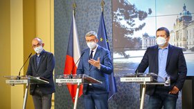 Jan Blatný, Karel Havlíček a Jan Hamáček při tiskovce na Úřadu vlády (28. 1. 2021)