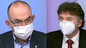 Ministr zdravotnictví Jan Blatný (za ANO) a prezident lékařské komory Milan Kubek v pořadu Otázky Václava Moravce na ČT