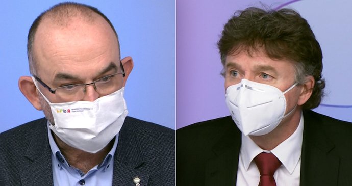 Ministr zdravotnictví Jan Blatný (za ANO) a prezident lékařské komory Milan Kubek v pořadu Otázky Václava Moravce na ČT