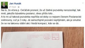 Exposlanec Jan Husák zveřejnil pozvánku, kterou dostal na recepci na Hrad.