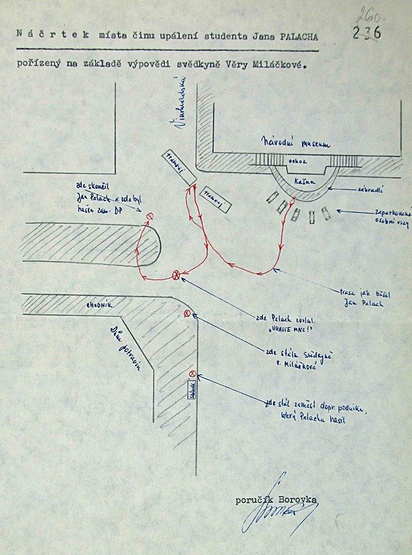 Plánek nakreslený v březnu 1969 vyšetřovatelem Veřejné bezpečnosti na základě výpovědi svědkyně Věry Miláčkové.