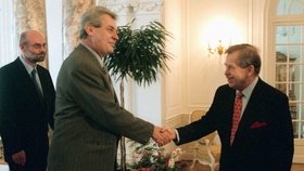 Jan Ruml, Miloš Zeman a Václav Havel při povolebním vyjednávání v roce 1999