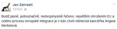 Europoslanec Jan Zahradil se opět pustil do kancléřky Angely Merkel.