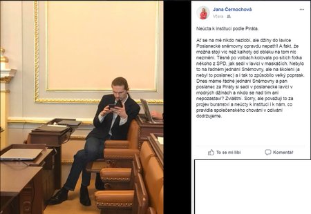 Poslankyně ODS Jana Černochová si všimla, že poslanec Jan Pošvář z pirátské strany sedí v Poslanecké sněmovně v džínách. Což se jí velmi dotklo jako neúcta k instituci Poslanecké sněmovny.