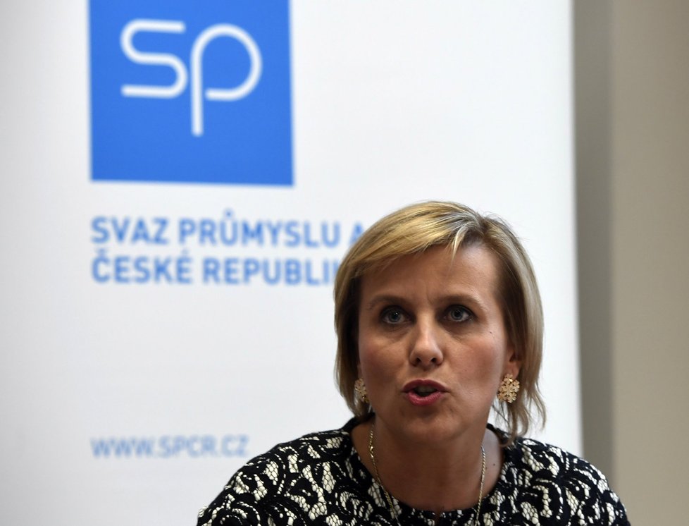 Šéf Asociace krajů ČR Jana Vildumetzová vystoupila na tiskovce s prezidentem Svazu průmyslu a dopravy ČR Jaroslavem Hanákem.