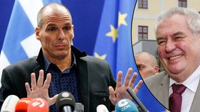 Řekové si žijí nad poměry, míní prezident Zeman. Vlevo řecký ministr financí Varufakis