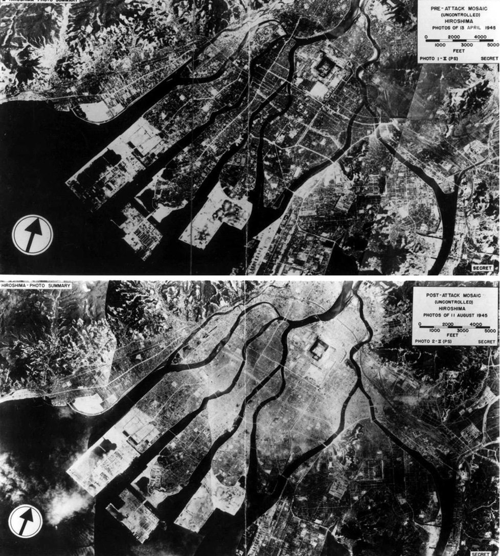 Zkáza po dopadu atomové bomby na Hirošimu v roce 1945