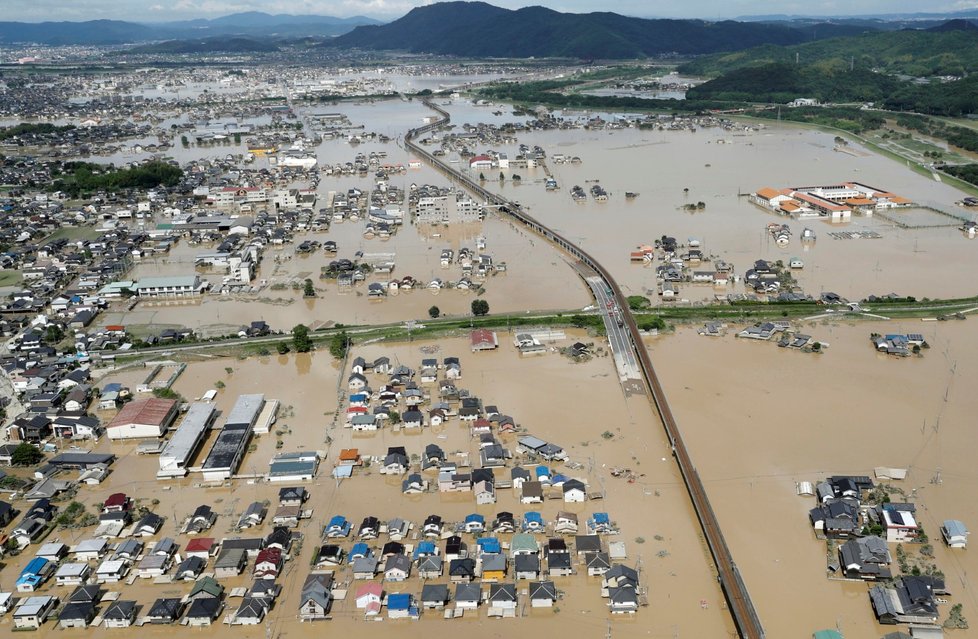 Zaplavené město Kurashiki na jihozápadě Japonska.